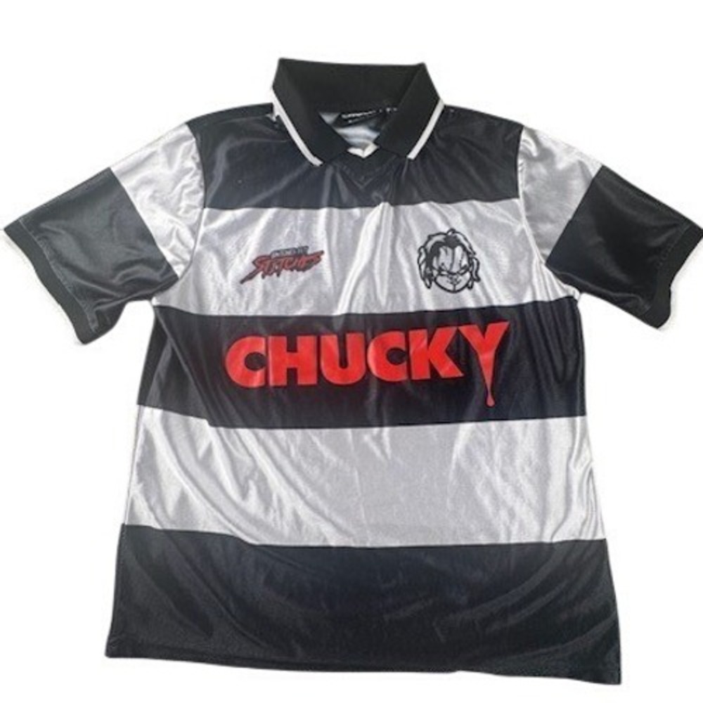 Chucky Shirt Mens Large Black Silver Striped Snitches Get Stitches Polo